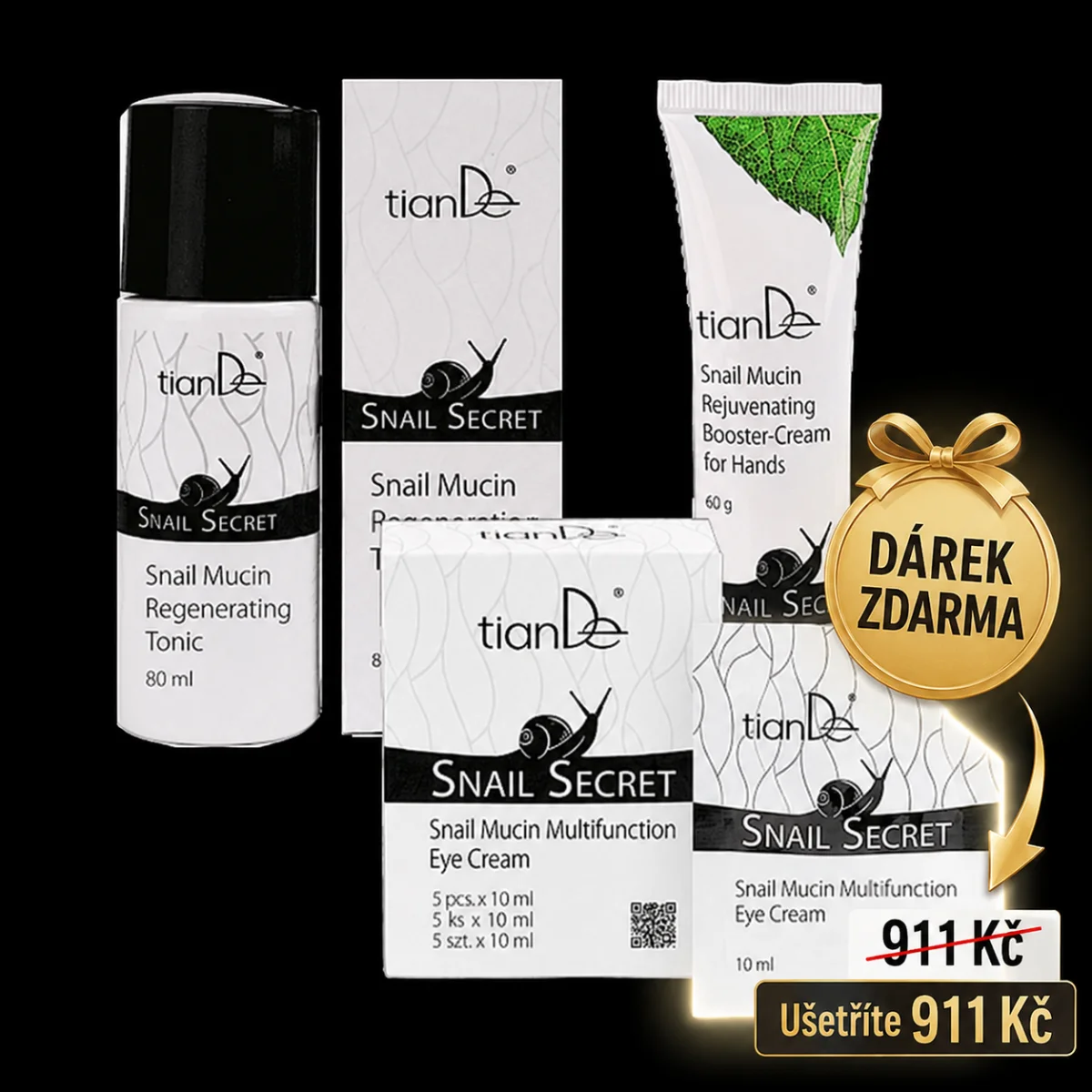 Sada se šnečím mucinem obsahující regenerační tonikum, krém na ruce a vícefunkční oční krém 5 × 10 ml jako dárek zdarma v hodnotě 911 Kč.