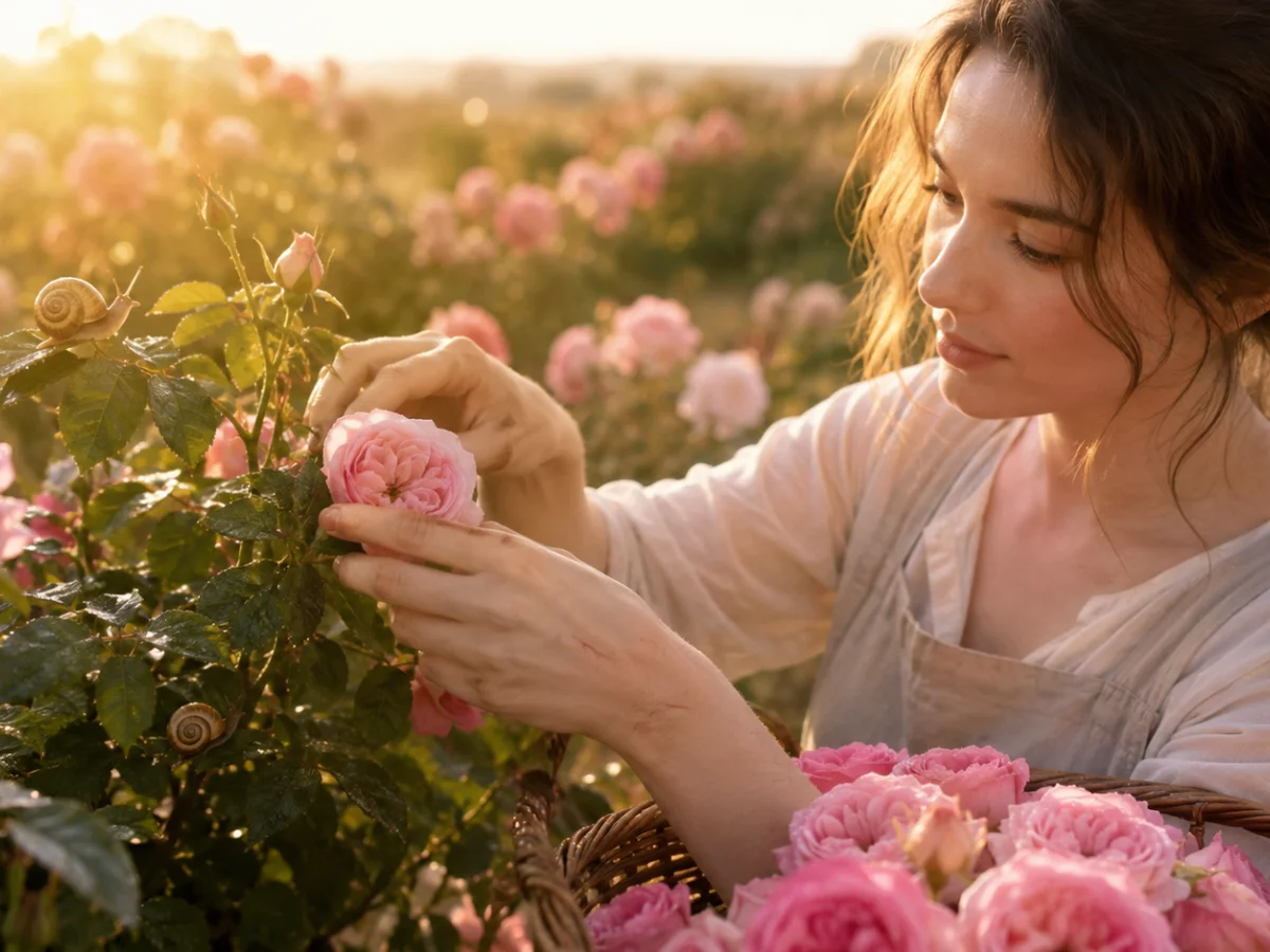 Žena sklízí růže na rozkvetlé plantáži, mezi listy se pohybují šneci – ilustrační fotografie k legendě o objevení šnečího mucinu.